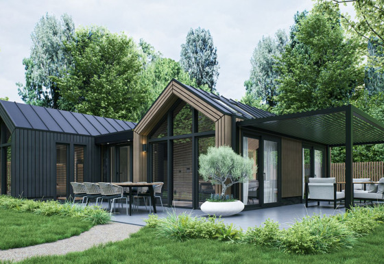 Moderne Eco Boslodge Jacuzzi mit Holzverkleidung, Terrasse und Gartenmöbeln in grüner Umgebung.