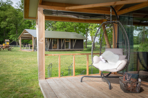 Wellness Luxe lodge a Landrijk de Reesprong, Paesi Bassi, con sedia pensile e vista sulla natura.