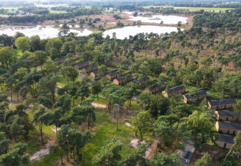 Vista aerea di una zona boschiva con diverse tiny house vicino a un lago, immerse nella natura.