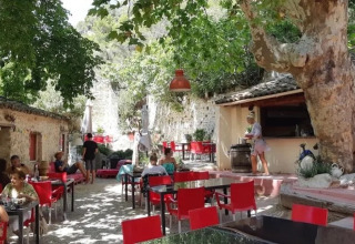 Area caffè all’aperto con sedie rosse e ospiti rilassati sotto alberi ombrosi al campeggio Le Moulin de Cost.