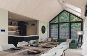 Interni luminosi e moderni di una lodge con grande finestra, tavolo da pranzo e cucina a Estate De IJsvogel.
