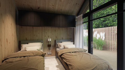 Camera moderna con due letti all’Eco Boslodge Jacuzzi presso Estate De IJsvogel, Paesi Bassi, legno chiaro e ampie finestre.