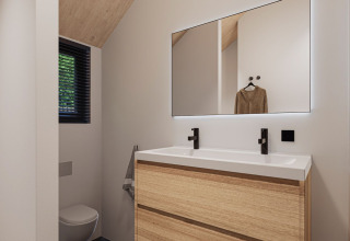 Modern bathroom with double sink, large mirror and toilet at Eco Boslodge Jacuzzi in the Netherlands.