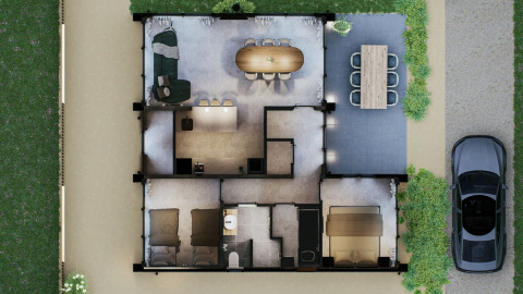 Aerial view of Eco Boslodge Jacuzzi at Estate De IJsvogel, Netherlands, modern floor plan, garden, and car.