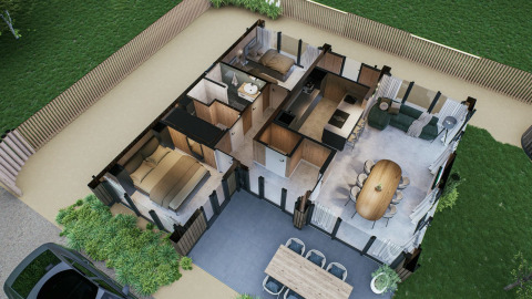 Luftaufnahme der Eco Boslodge Jacuzzi im Estate De IJsvogel, modernes Interieur und Naturumgebung.