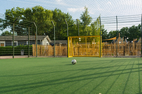 Fußballplatz mit gelbem Tor und Ball auf Kunstrasen bei Eco Boslodge Jacuzzi, Estate De IJsvogel.