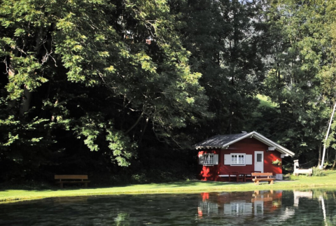 Charming red cabin by a tranquil pond, surrounded by lush forest at Austriaparks Camping Arlberg, Tirol, Austria.
