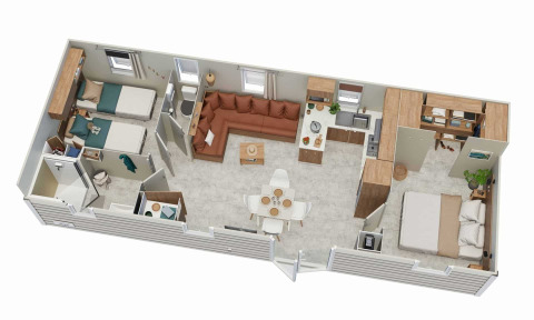 Planimetria 3D di Vakantiehuis Celestia al Camping Papillon con due camere da letto, cucina e soggiorno.