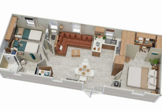Planimetria 3D di Vakantiehuis Celestia al Camping Papillon con due camere da letto, cucina e soggiorno.