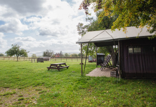 Campo verde con tavolo da picnic, tenda e alberi a BoerenBed Hollings Hill, West Midlands, Regno Unito.