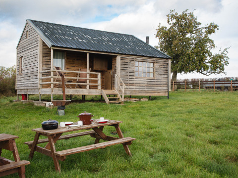 Capanna di legno con veranda e tavolo da picnic su prato a BoerenBed Hollings Hill, West Midlands, Regno Unito.