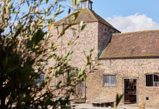 Stone barn with wooden doors, benches, and a dog outside at BoerenBed Moor Farm in South West England, UK.