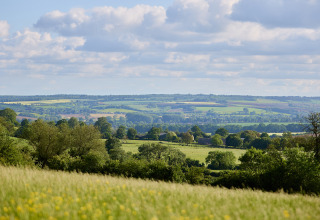 Udsigt over grønne marker og landskab med skyer, taget ved BoerenBed Hidcote Manor Farm i West Midlands.