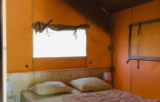 Interior view of a safari tent featuring a comfortable double bed, pillows, and warm orange walls.