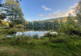 Vista tranquilla sul lago al Campeggio Le Paradou tra alberi e cielo azzurro in Auvergne-Rhône-Alpes, Francia.