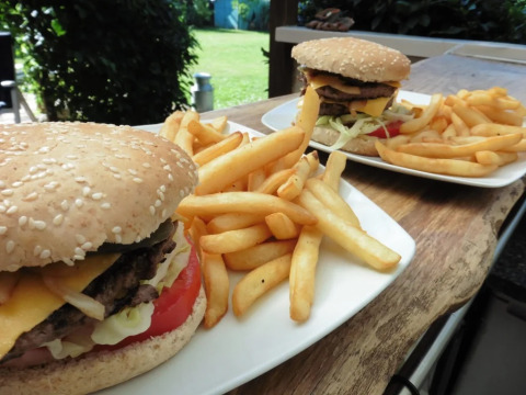 Succulenti hamburger e patatine fritte serviti all'aperto al campeggio Le Bois Coudrais in Bretagna, Francia.