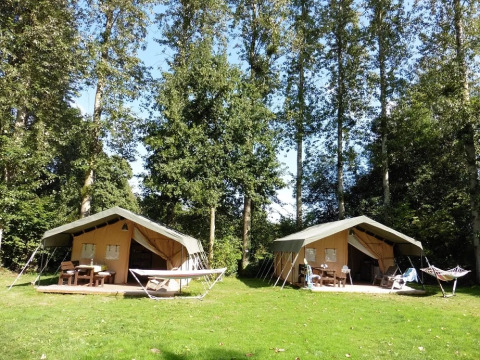 Deux tentes safari Safaritent sur une clairière herbeuse, avec des hamacs et tables sous de grands arbres verts.