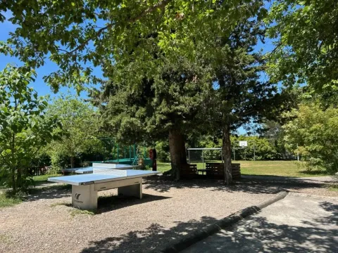 Buiten tafeltennistafel en zitplekken onder bomen bij Camping Avelanède in Provence-Alpes-Côte d’Azur, Frankrijk.