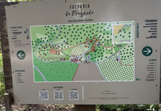 Overzichtskaart van Agricampeggio La Prugnola, een vakantiepark in Toscane, Italië, omringd door natuur.