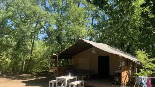 A safari tent with wooden deck, outdoor table and benches, set in a sunny forest clearing.