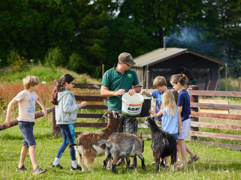 Children and adult feeding goats at BoerenBed Warren Farm holiday park in South West England, United Kingdom.