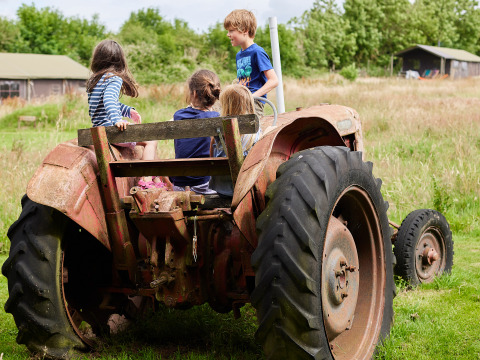 Kinder spielen auf einem alten Traktor auf einem Feld im BoerenBed Warren Farm Ferienpark, Südwestengland.