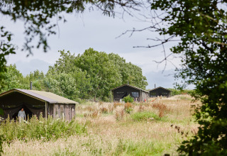 View of BoerenBed Warren Farm holiday park in South West England with tents set among wild grassy meadows.