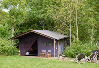 Una tenda glamping circondata da alberi e sedie davanti a BoerenBed New Barn Farm, nell'est dell'Inghilterra.