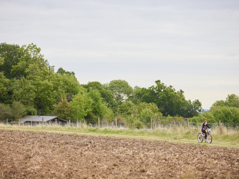 En person cykler langs en mark i BoerenBed New Barn Farm, omgivet af grønne træer og et skur i England.