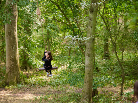 Una bambina dondola su un'altalena a corda nel bosco di BoerenBed New Barn Farm, East of England, Regno Unito.
