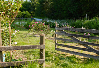 Una puerta de madera abierta conduce a un jardín con rosas en flor en BoerenBed Manor Farm, al sureste de Inglaterra.