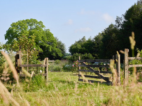 Houten toegangspoort naar bloemrijke weide en bomen bij BoerenBed Manor Farm, Zuidoost-Engeland.