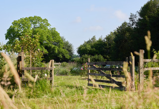 Puerta de madera da acceso a pradera y árboles en BoerenBed Manor Farm, parque vacacional del sureste de Inglaterra.