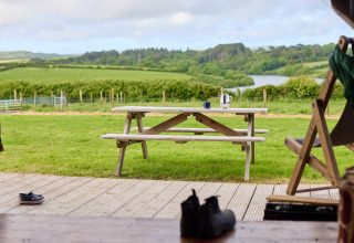 Blick von einer Terrasse auf eine grüne Wiese mit Picknicktisch, BoerenBed Treganhoe Farm in Südwestengland.
