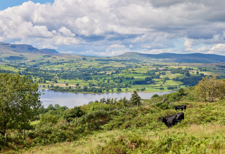 Udsigt over frodige grønne marker, sø og bjerge ved BoerenBed Pant y March Farm-feriepark i Wales.