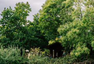 Wooden cabin nestled in lush greenery at BoerenBed Lunsford Farm holiday park in South East England, UK.