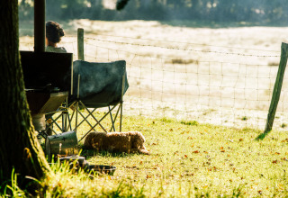 Persona che si rilassa su una sedia da campeggio con cane sull’erba a BoerenBed Sunninglye Farm, Est Inghilterra.