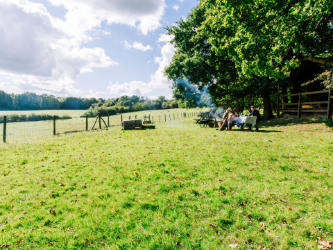 Zwei Personen genießen eine Mahlzeit an einem Tisch unter Bäumen auf einer sonnigen Wiese bei Sunninglye Farm.