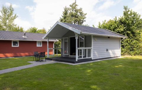 Tiny House Deluxe al Holiday park Latour nei Paesi Bassi con prato verde e veranda coperta moderna.