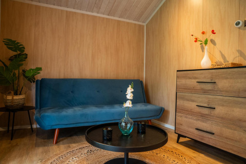 Modern living room in Tiny House Deluxe at Holiday park Latour, Netherlands, with blue couch and decor.