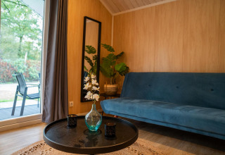 Soggiorno accogliente in Tiny House Deluxe con divano blu e tavolino, Holiday park Latour, Olanda.