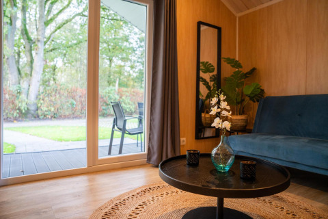 Soggiorno moderno in Tiny House Deluxe con vista giardino al Holiday park Latour, Paesi Bassi.