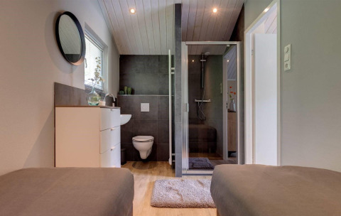 Modern bathroom in Tiny House Deluxe at Holiday park Latour in the Netherlands with toilet and shower.