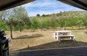 Vista da una tenda safari con bagno al Camping Pian di Boccio, Italia, con alberi e tavolo da picnic.