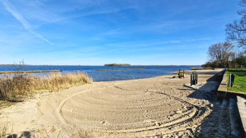 Foto vom Sandstrand an einem See mit klar blauem Himmel und Bäumen, aufgenommen bei einer Glamping-Unterkunft.