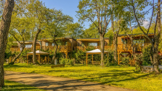 Lodge Prestige auf Stelzen mit Meerblick, umgeben von Bäumen und Rasen unter blauem Himmel im Sonnenschein.