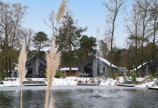 Ecovilla Waterzicht Comfort en Holiday park Latour, Países Bajos, junto a un estanque con fuente y nieve invernal.