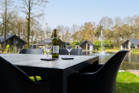 Table with wine and glasses by a lake, lodges in the background at Ecovilla Waterzicht Comfort, Netherlands.
