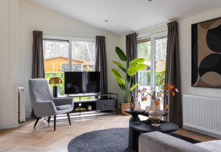 Sala moderna con grandes ventanales, muebles elegantes, planta y vista de cabaña en Ecovilla Waterzicht Comfort.