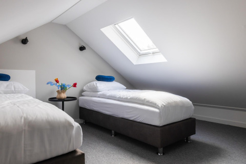 Habitación moderna en el ático con dos camas individuales y tragaluz en Ecovilla Waterzicht Comfort lodge.